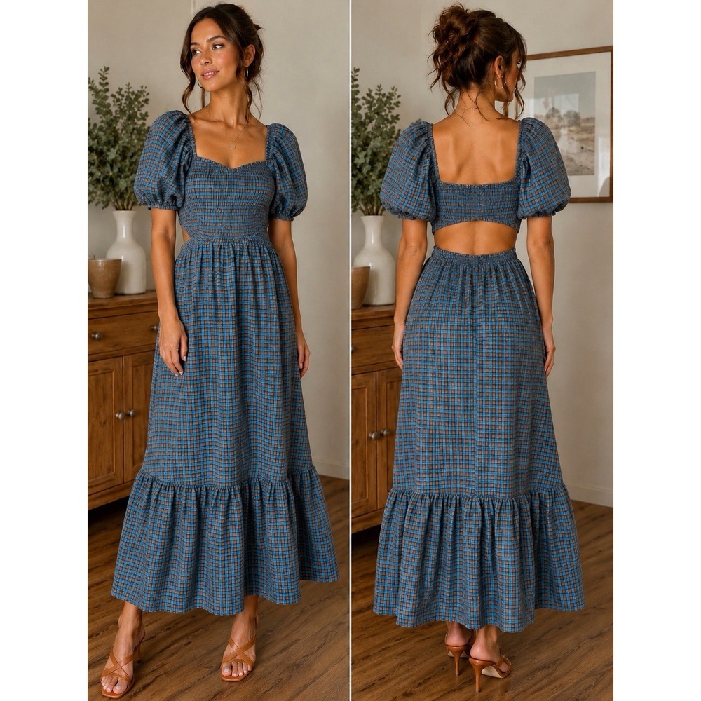 WAYF Plaid Smocked Puff Sleeve Maxi Dress Blue Cottagecore S Prairie Tiered